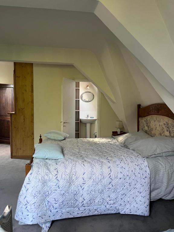 sypialnia z dużym łóżkiem na poddaszu w obiekcie Le Pellegrin w mieście Halluin