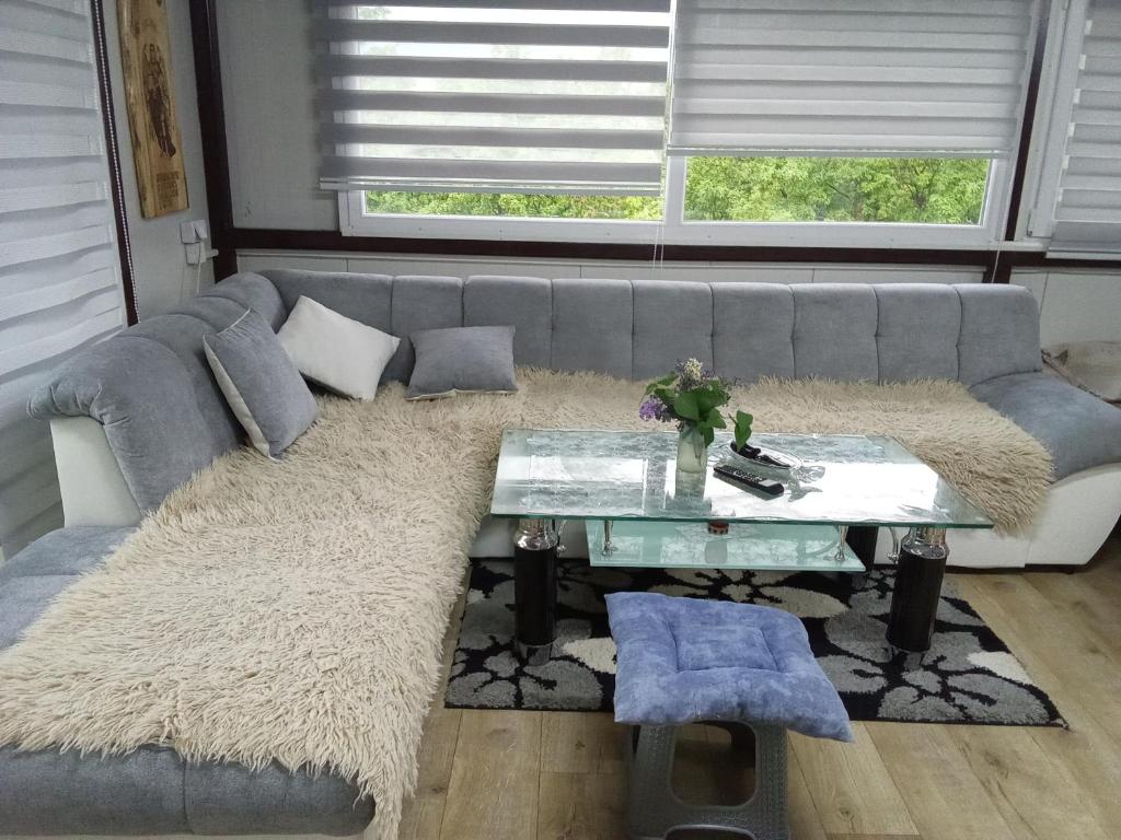 uma sala de estar com um sofá e uma mesa em Apartman i Krčma u Planini em Bojnik