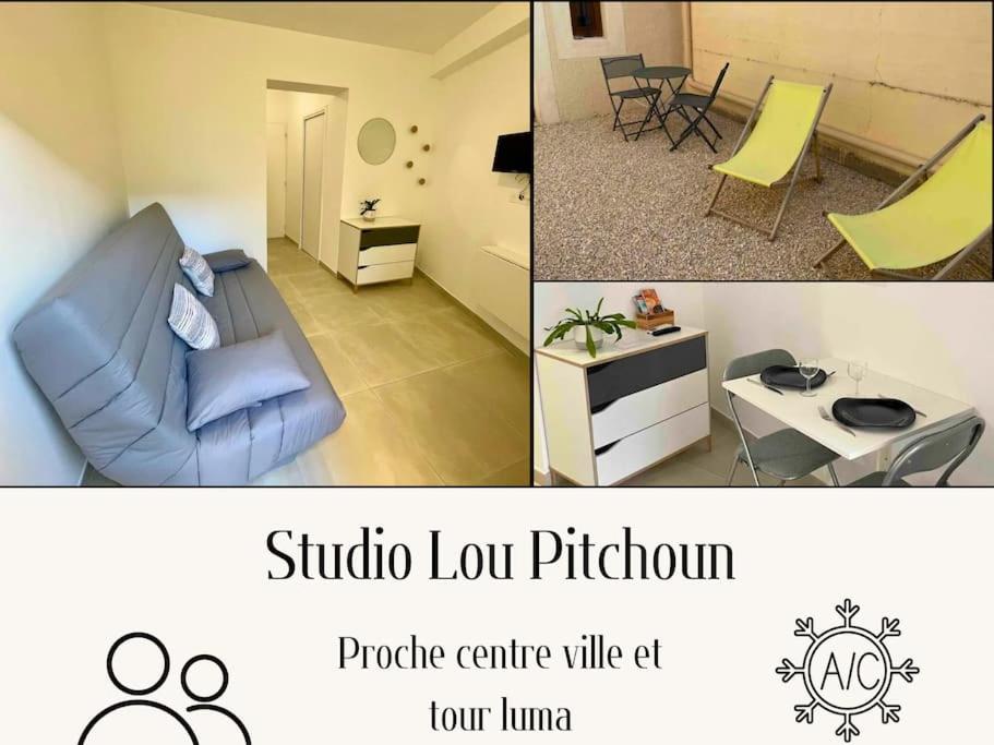 - deux photos d'un salon avec un canapé et une table dans l'établissement Studio proche du centre-ville, à Arles