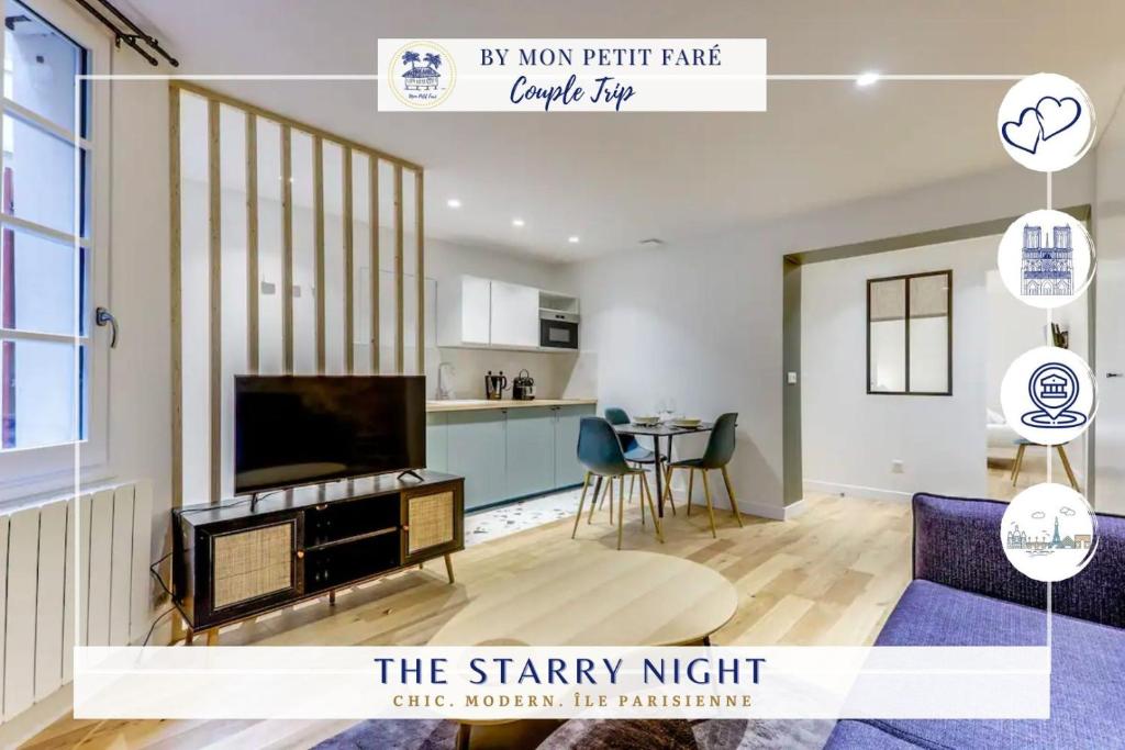 Il comprend un grand salon avec une télévision et une cuisine. dans l'établissement La Nuit Etoilée - Moderne & Elégant - Marais, à Paris