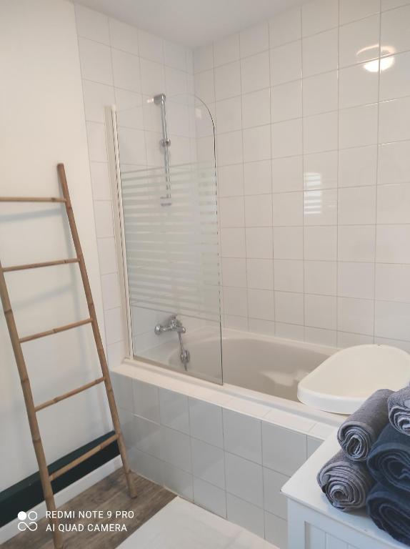 y baño con ducha, bañera y aseo. en Les Hôtes Pyrénées, en Capvern
