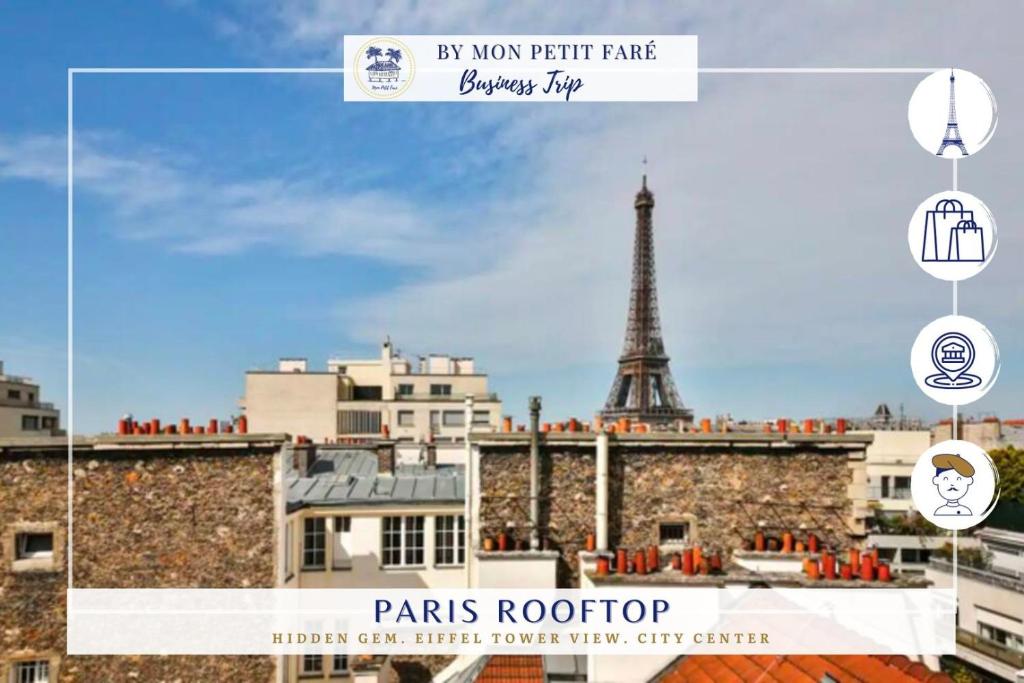 une vue de la tour Eiffel et de la ville de Paris dans l'établissement Les Toits de Paris Rue Cler Vue Tour Eiffel, à Paris