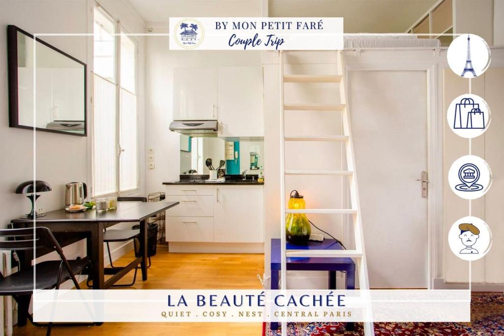 Cette chambre comprend une mezzanine avec une table et une cuisine. dans l'établissement Hidden beauty - Calm & Verdant - Orsay Museum, à Paris
