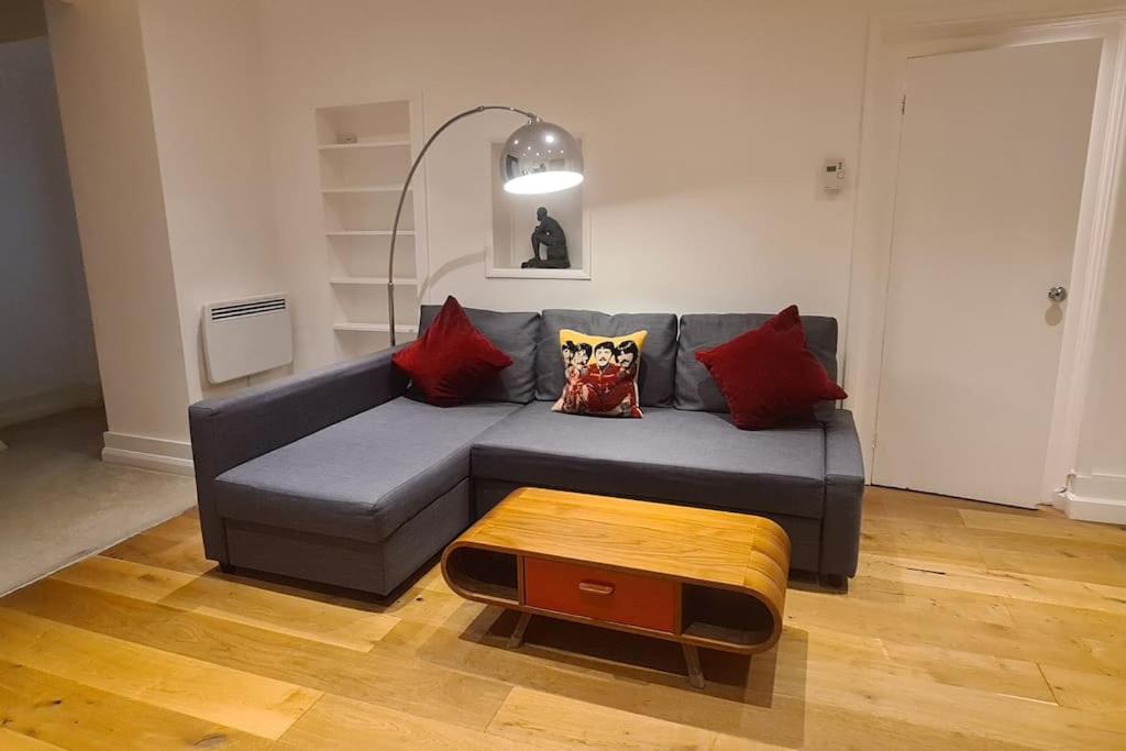 - un salon avec un canapé gris et des oreillers rouges dans l'établissement Boutique Studio Flat in Notting Hill Gate, à Londres
