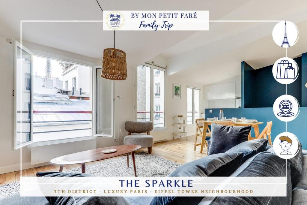 un salon avec un canapé et une table dans l'établissement L'étincelle - Lumineux - Vue Tour Eiffel - BM, à Paris