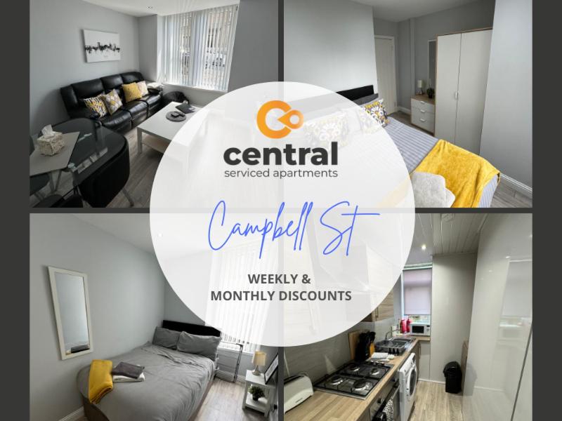 un collage de dos fotos de una sala de estar en 2 Bedroom Apartment by Central Serviced Apartments - Ground Floor - Monthly & Weekly Bookings Welcome - FREE Street Parking - Close to Centre - 2 Double Beds - WiFi - Smart TV - Fully Equipped - Heating 24-7 en Dundee