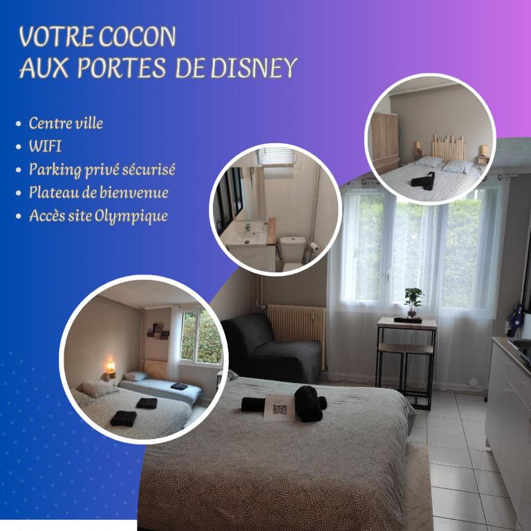 un collage de photos d'une chambre avec un lit dans l'établissement Lagny Evasion à Disney, à Lagny-sur-Marne