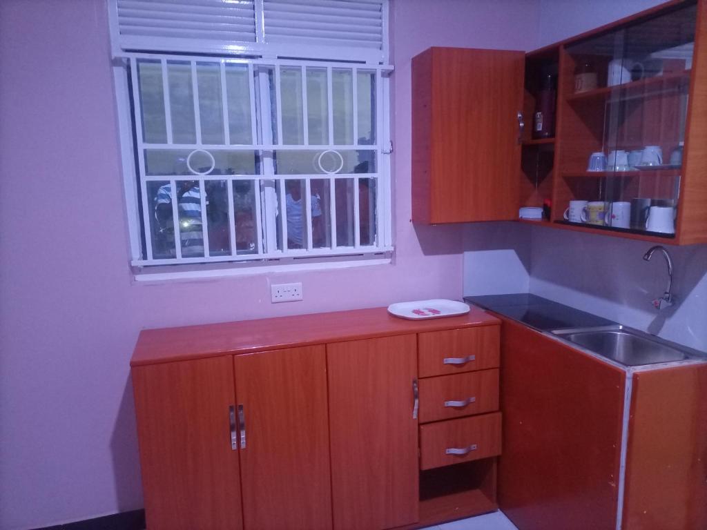 eine Küche mit Holzschränken, einem Waschbecken und einem Fenster in der Unterkunft Pearl furnished residence in Buloba