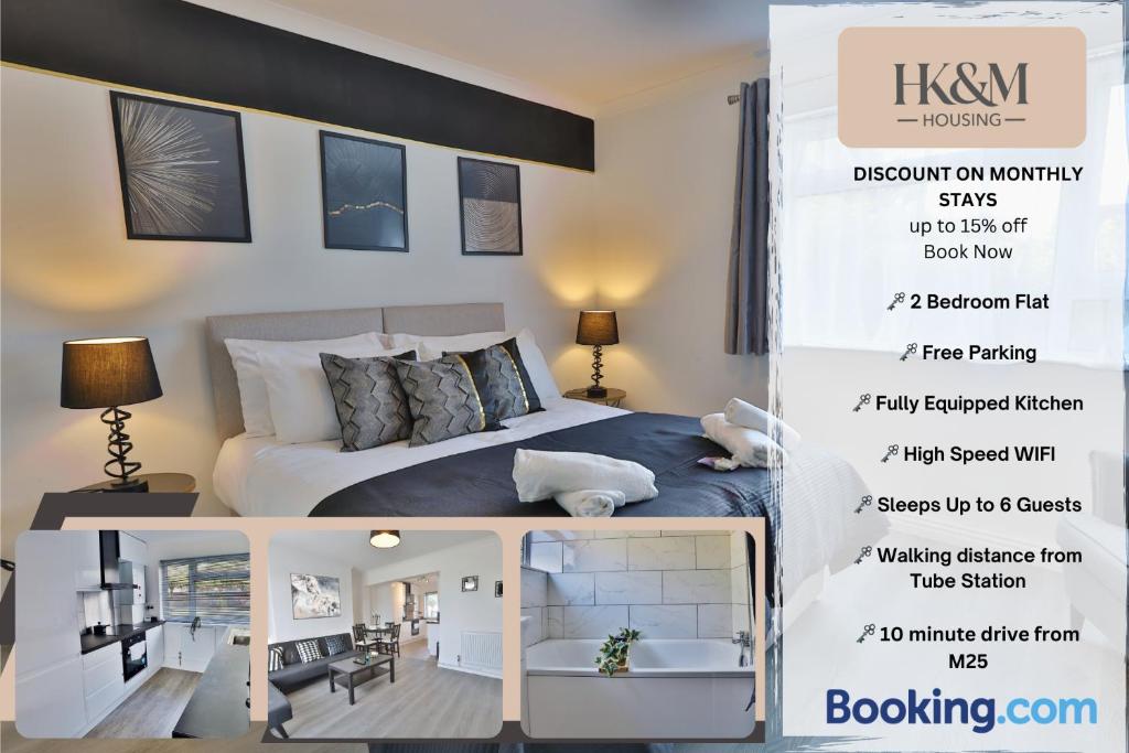 ワトフォードにあるPerfect For Contractors, Families, Business Stay, 2 Bed Apartment By HKM HOUSING Short Lets & Serviced Accommodation Watfordのベッドルーム1室(ベッド1台付)