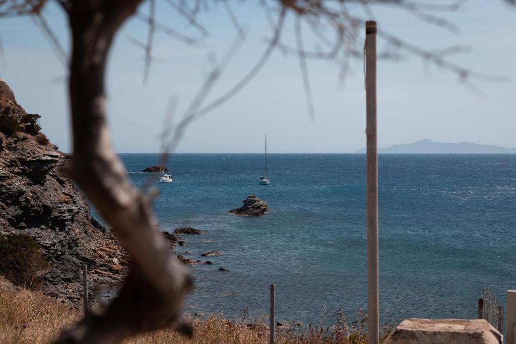 a view of the ocean with boats in the water at Poseidon Apartments and Villas by the Sea in Sounio