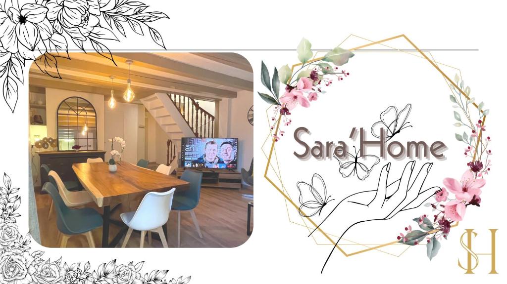 - deux photos d'une salle à manger et d'une table à manger dans l'établissement Sara Home, à Chennevières-sur-Marne