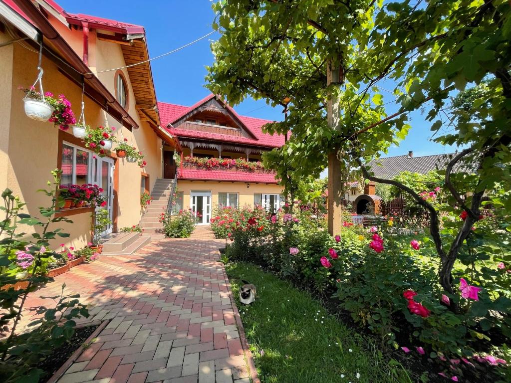 a house with a brick walkway in front of a garden at Pensiunea Alina in Agapia