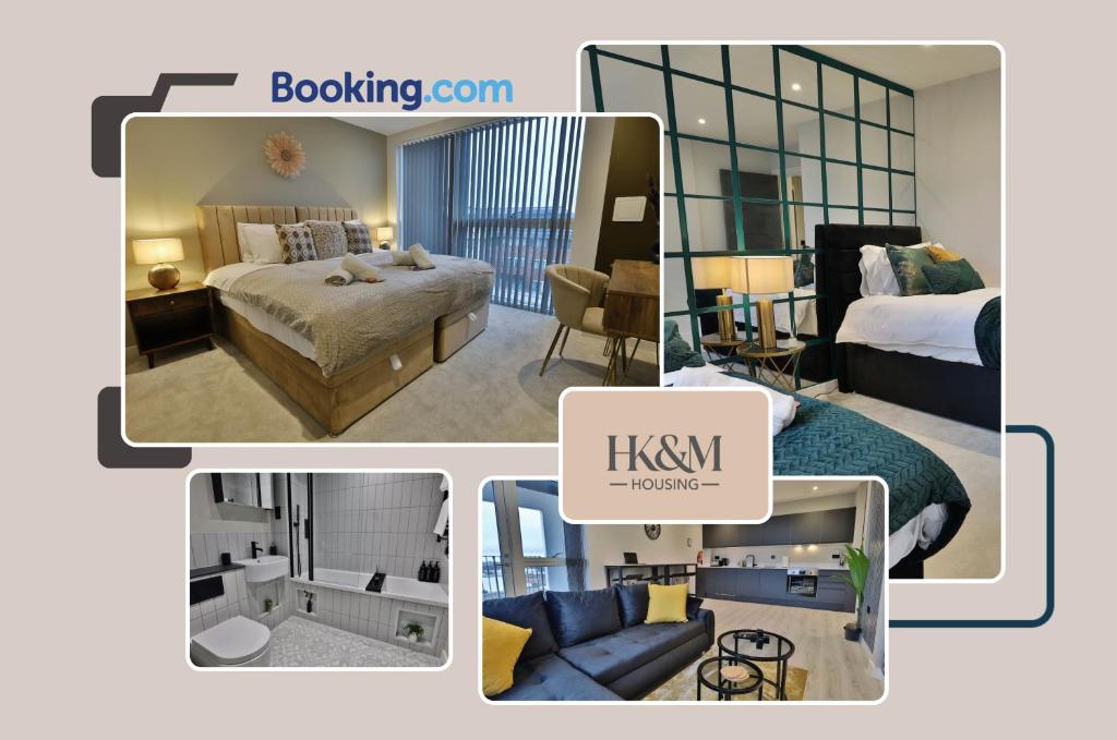 a collage of four pictures of a hotel room at NEAR WEMBLEY STADIUM, FREE PARKING, 5 MIN FROM BRENT CROSS WEST STATION, SLEEPS 7 By HKM HOUSING Short Lets & Serviced Accommodation Cricklewood & BRENT CROSS in London