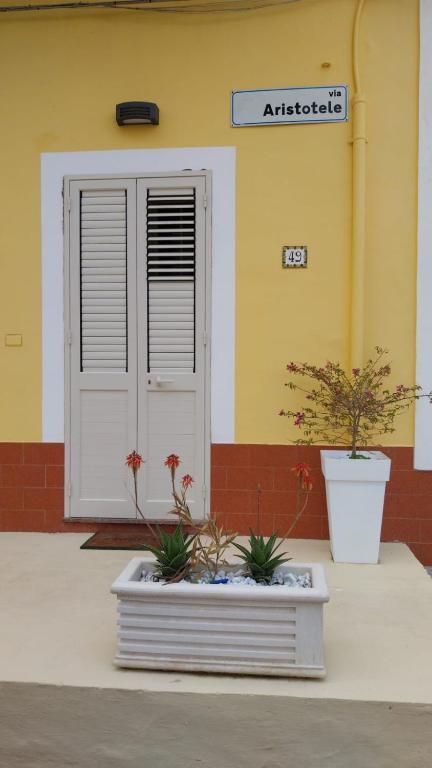 two potted plants sitting in front of a building at Victoria apartments in Lampedusa