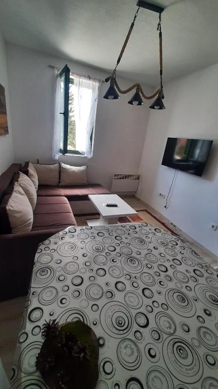 uma sala de estar com um sofá e uma mesa em Apartments Durmitor em Žabljak