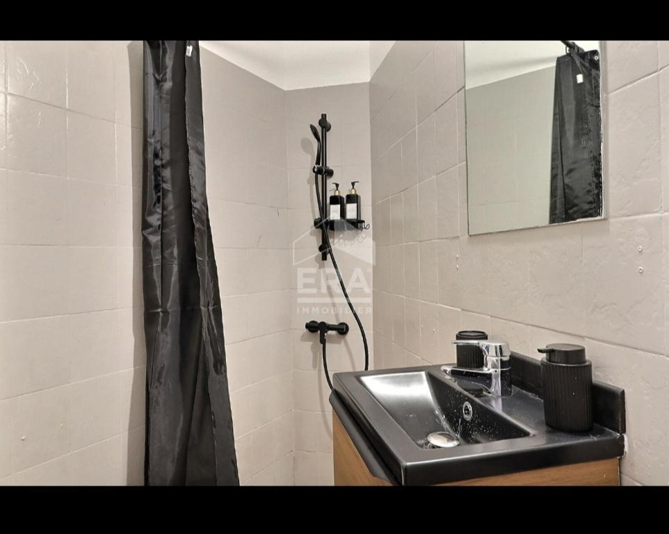 une salle de bain avec un lavabo et un rideau de douche dans l'établissement Chez Babou J, à Saint-Denis