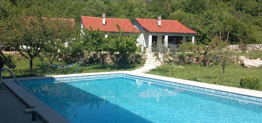 a swimming pool in front of a house at Rustic village in Rijeka Crnojevića