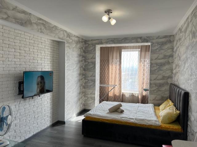 ЖК Ашык Тобе في ألماتي: غرفة نوم بسرير وتلفزيون على جدار