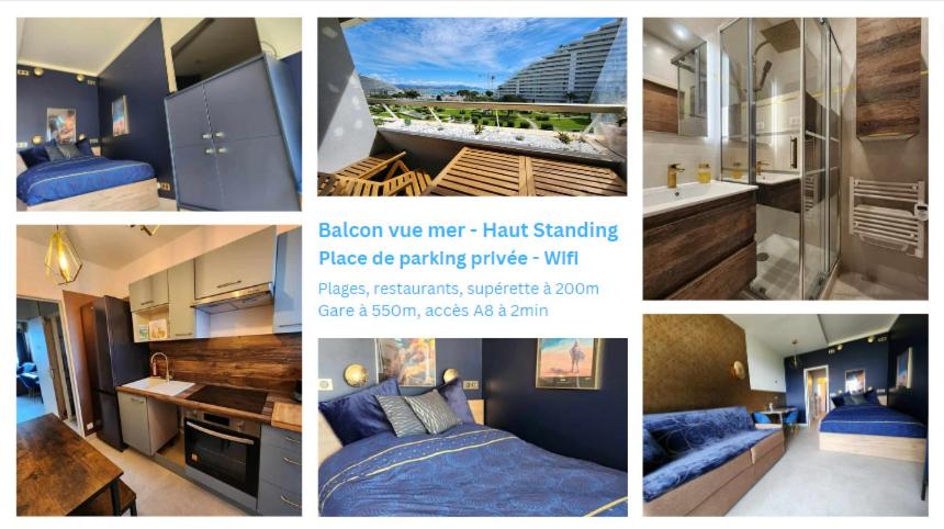 un collage de photos d'une chambre avec un lit dans l'établissement L'ASTRONAUTE - Balcon vue mer - CLIM - place parking privée - Marina baie des anges, à Villeneuve-Loubet