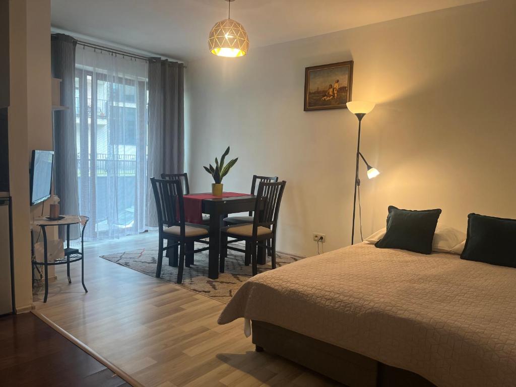 克拉科夫的住宿－Apartament Łagiewniki Krakow，卧室配有一张床和一张桌子及椅子