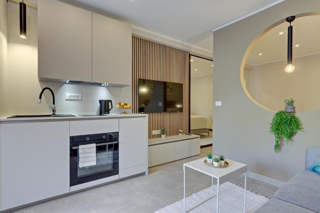 Delux studio apartment Aron with free Parking في بولا: مطبخ وغرفة معيشة مع أريكة وطاولة