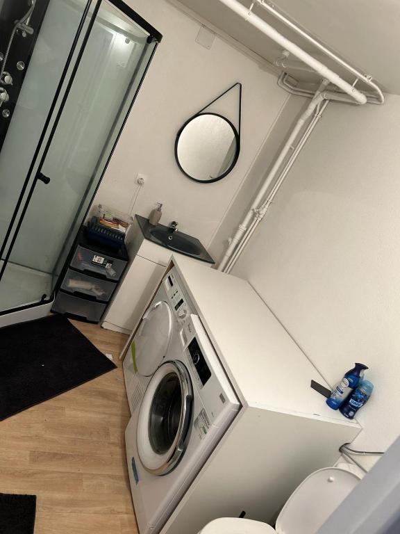 - une buanderie avec un lave-linge et un miroir dans l'établissement Chambre indépendante, à Rou-Marson