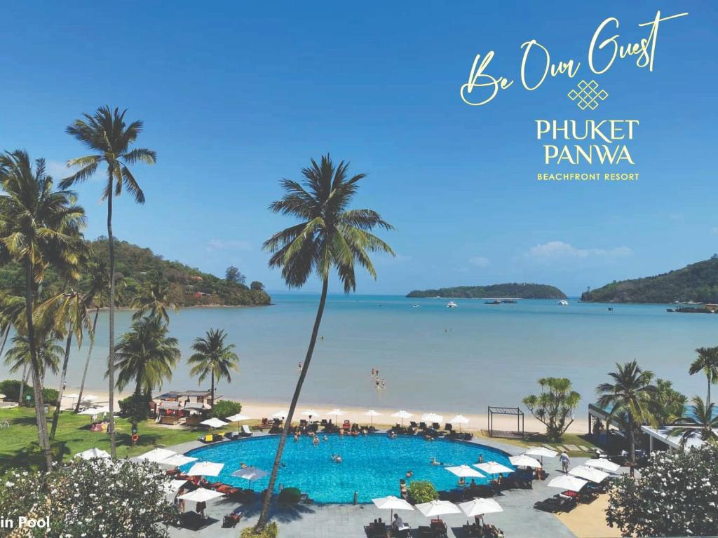 Phuket Panwa Beachfront Resort في شاطئ بنوا: إطلالة على الشاطئ والمسبح في phuket philippines