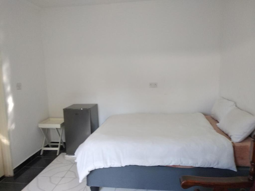 um pequeno quarto com uma cama e uma secretária em Brackendene Lodge em Gaborone