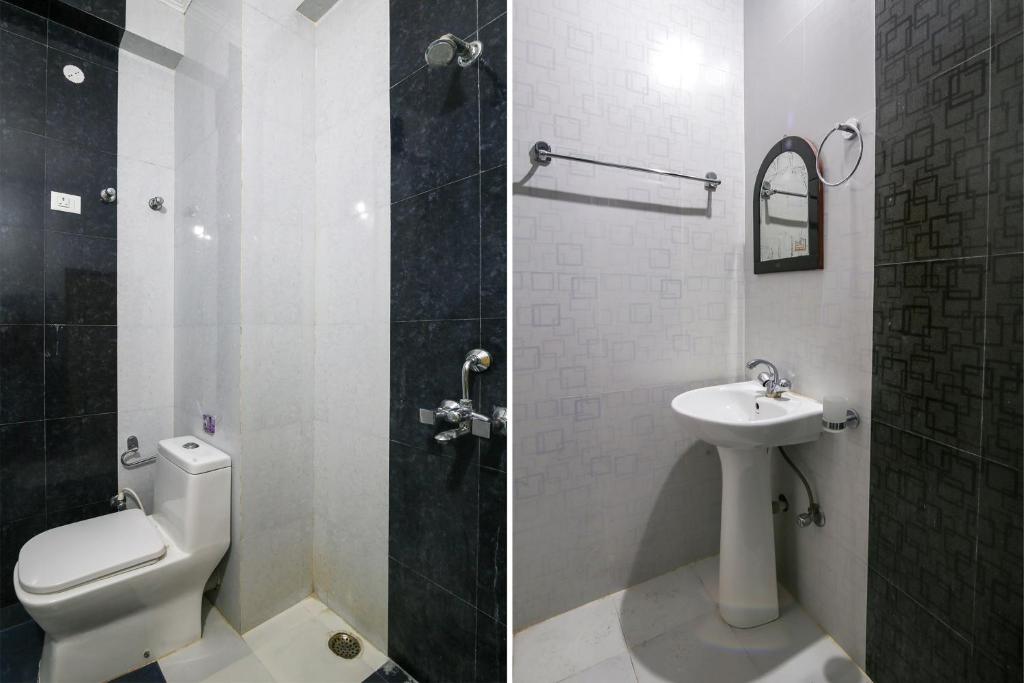 two pictures of a bathroom with a toilet and a sink at SPOT ON Hotel Amantran in Bhāgalpur