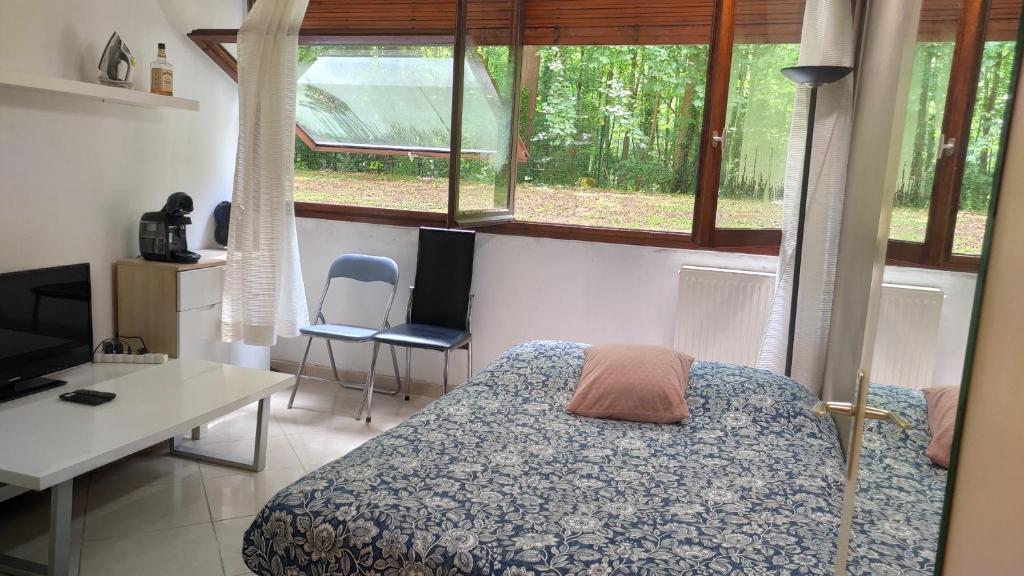 a bedroom with a bed and a desk and windows at Tranquille Studio de Forêt in Vaux-le-Pénil