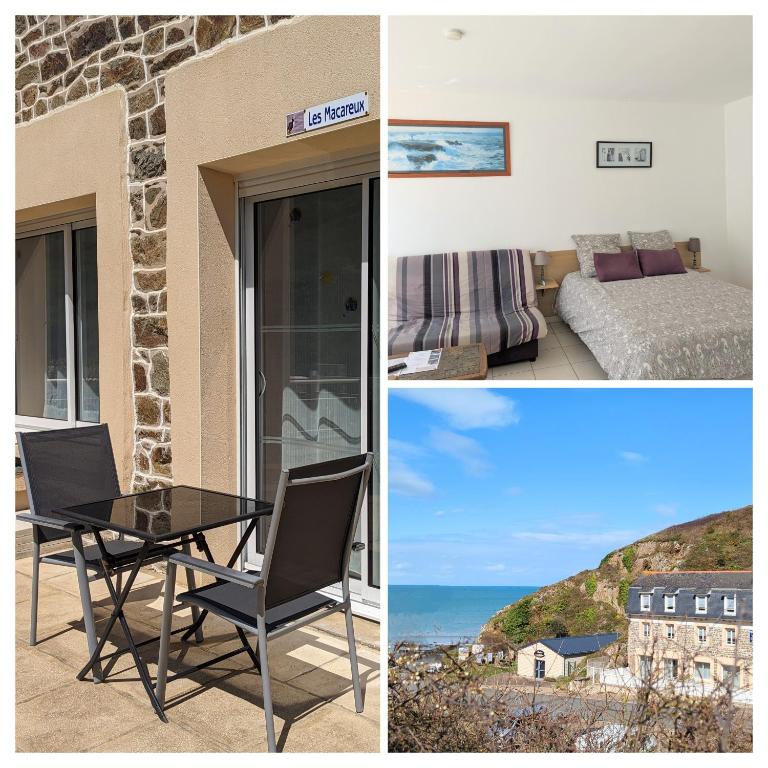 un collage de photos avec une chambre, une table et une chaise dans l'établissement Appart' avec grande terrasse vue mer -50m plage et du sentier de randonnée, à Planguenoual