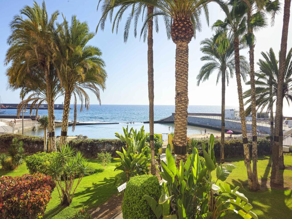 a view of a beach with palm trees and the ocean at Beachfront Arguinegin by Canary deluxe in Arguineguín