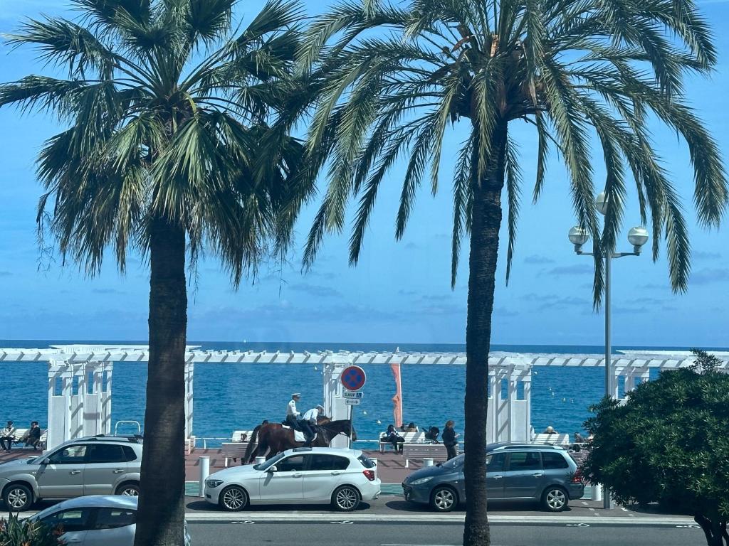 two palm trees in a parking lot near the ocean at Californie in Nice