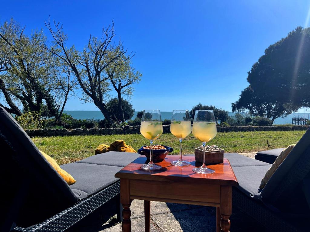 Dos copas de vino en una mesa en un sofá. en Le petit Fauchon - Villa avec vue mer, en Île-dʼAix