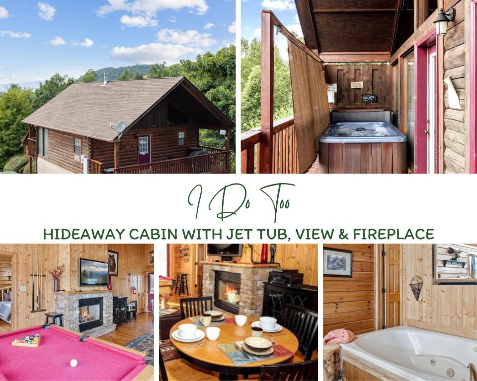 un collage de dos fotos de la cabaña auryy con bañera y chimenea en 1br Hideaway Cabin With Jet Tub, View & Fireplace en Sevierville