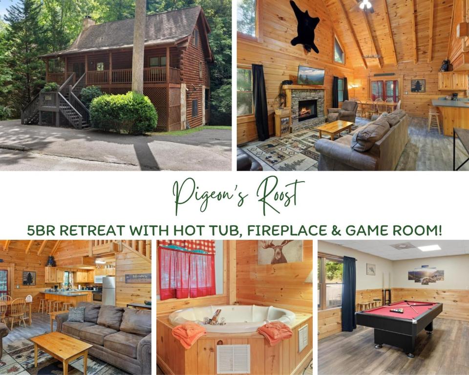 eine Collage mit Fotos einer Blockhütte in der Unterkunft 5br Retreat With Hot Tub, Fireplace & Game Room! in Pigeon Forge