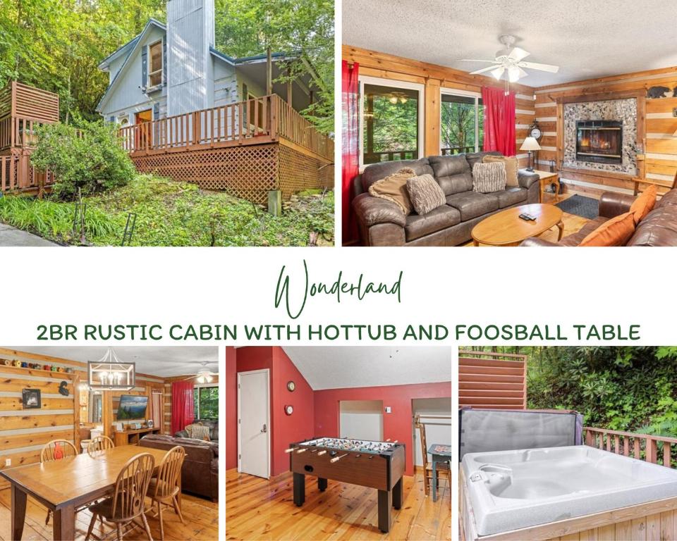 a collage of three pictures of a house at 2br Rustic Cabin With Hottub And Foosball Table in Gatlinburg