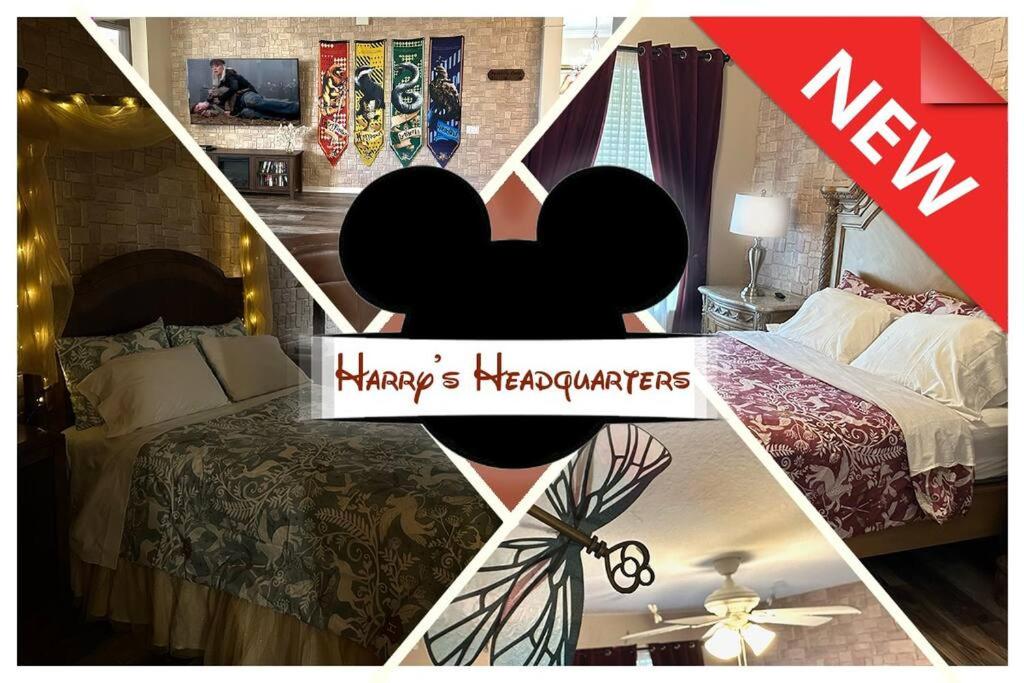a collage of pictures of a bedroom with a bed at Harry Potter-Themed, Lake View, Spacious Condo Near Universal with Extra Amenities in Orlando