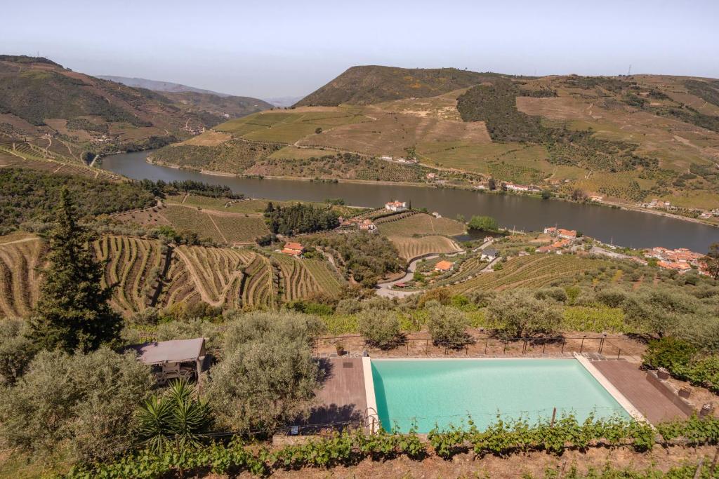 an aerial view of a villa with a lake and vineyards at Feel Discovery Alvim's Douro in Folgosa