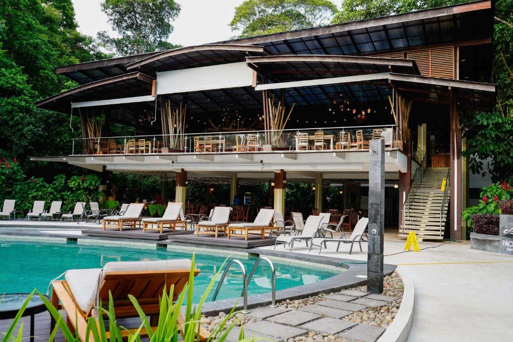 un complejo con piscina y tumbonas en Pachira Lodge, en Tortuguero