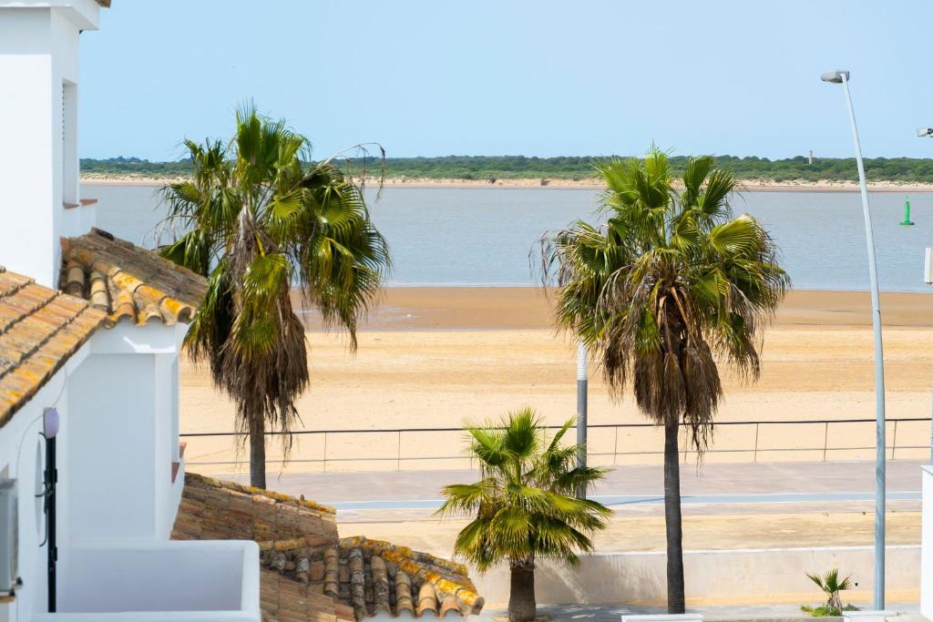 vistas a una playa con palmeras en Magnífico Dúplex Nueva Andalucía, 3 habitaciones y vistas a la playa, en Sanlúcar de Barrameda