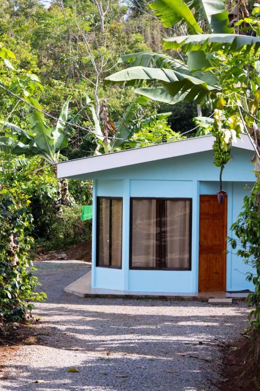 a blue house with a door in a forest at Jessie's Country House Rivas in Rivas