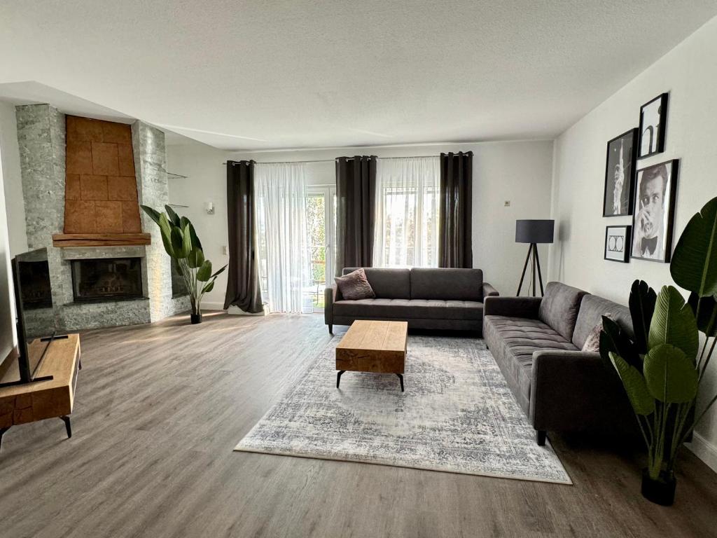 a living room with a couch and a fireplace at 220 qm Penthouse Wohnung mit Fahrstuhl - ohne SPA in Mannheim