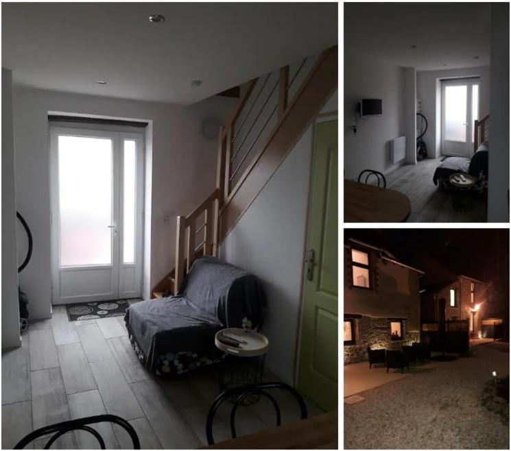 - deux photos d'une chambre avec un lit et un escalier dans l'établissement Gites Repère des Fées, à Pleugueneuc