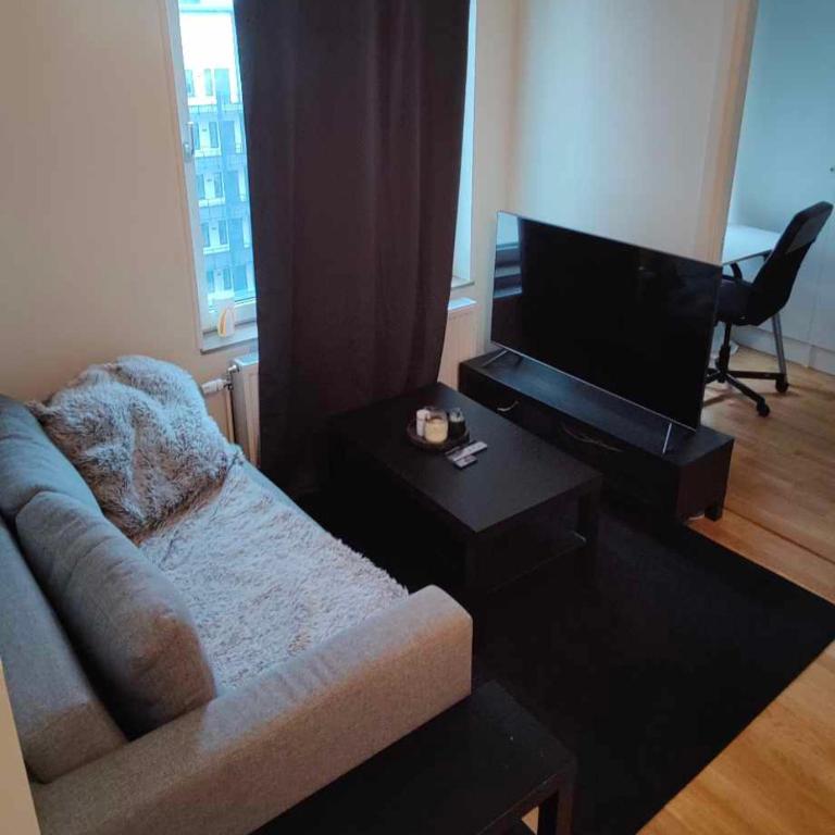 sala de estar con sofá y TV de pantalla plana en Fully Furnished Modern Apartment en Sollentuna