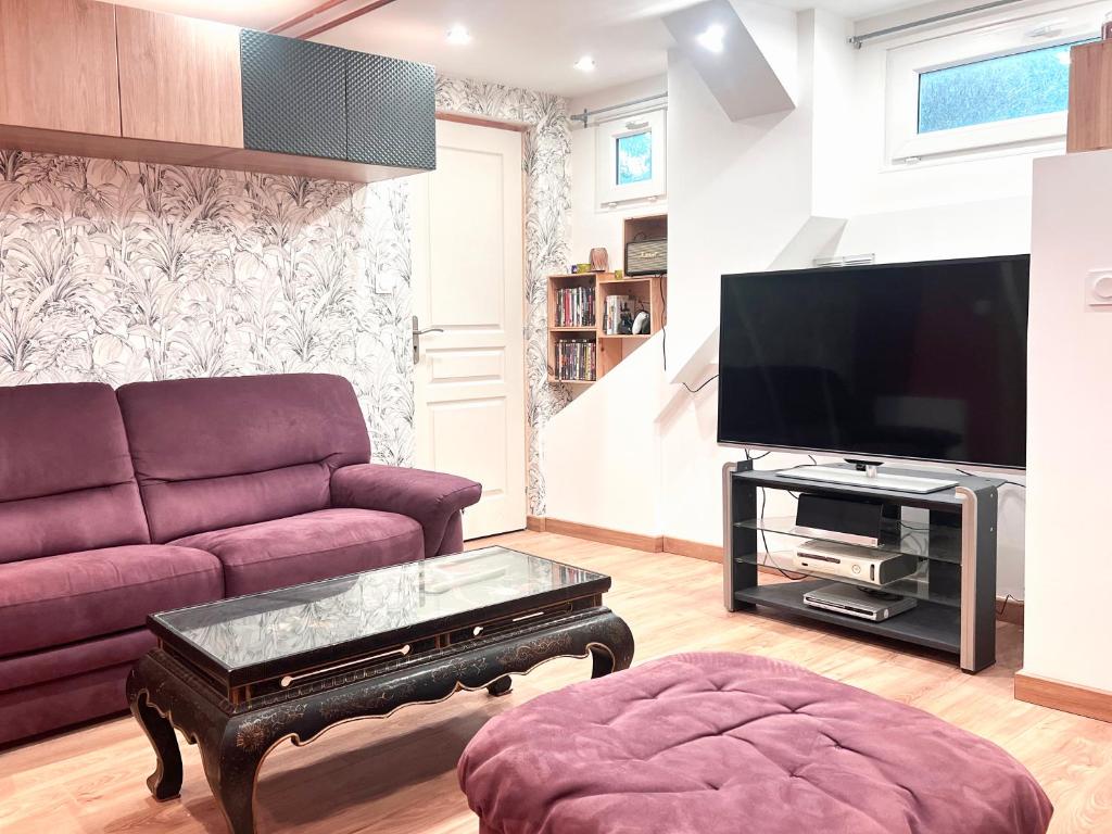 un salon avec un canapé et une télévision à écran plat dans l'établissement Work and Relaxation in Le Havre, au Havre