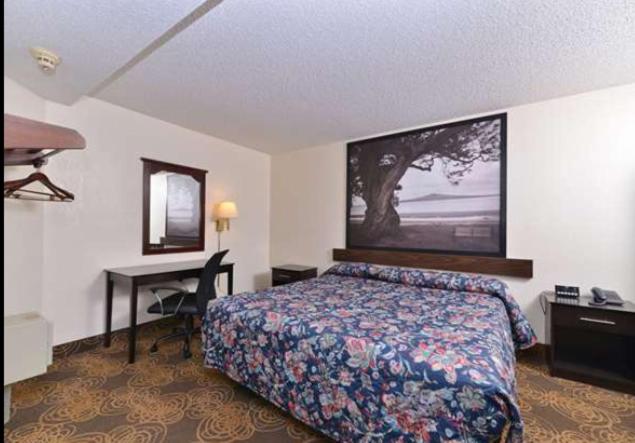 ウォキーガンにあるGreen Bay innのベッドとデスクが備わるホテルルームです。