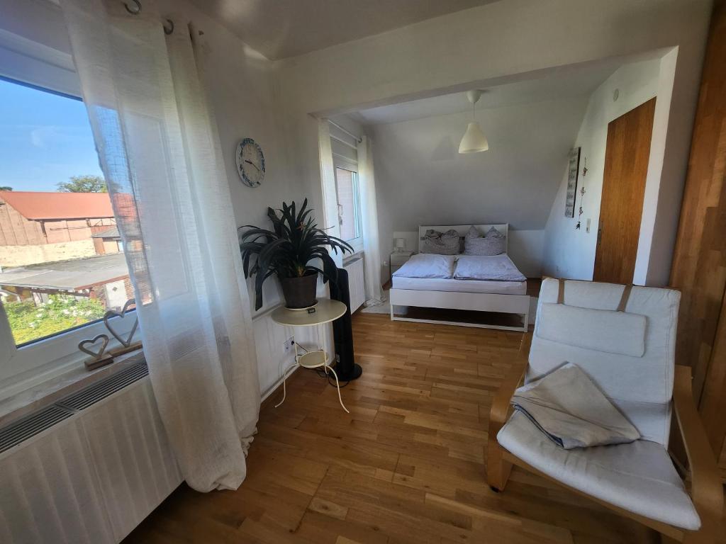 Zimmer mit einem Bett, einem Stuhl und einem Fenster in der Unterkunft Querenhorst, Unterkunft am Feld in Querenhorst