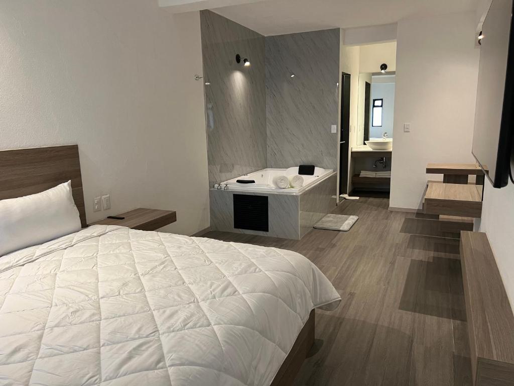 Postel nebo postele na pokoji v ubytování Hotel Blanco Pachuca