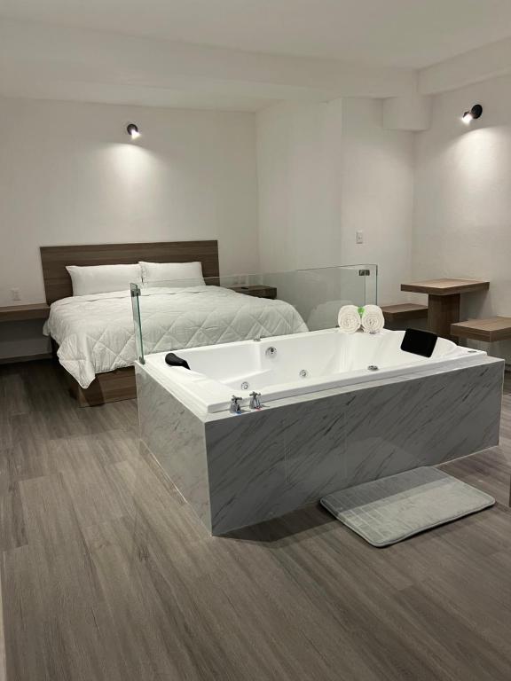 una vasca da bagno in una camera con letto di Hotel Blanco Pachuca a Pachuca de Soto